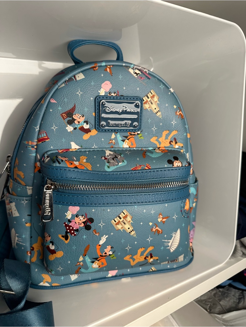 Disney Parks Loungefly Mini Backpack Play in the Park Slate Blue Attractions AOP